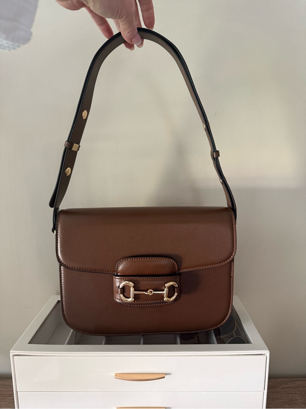 Classic Brown Leather Shoulder Bag with Gold Hardware